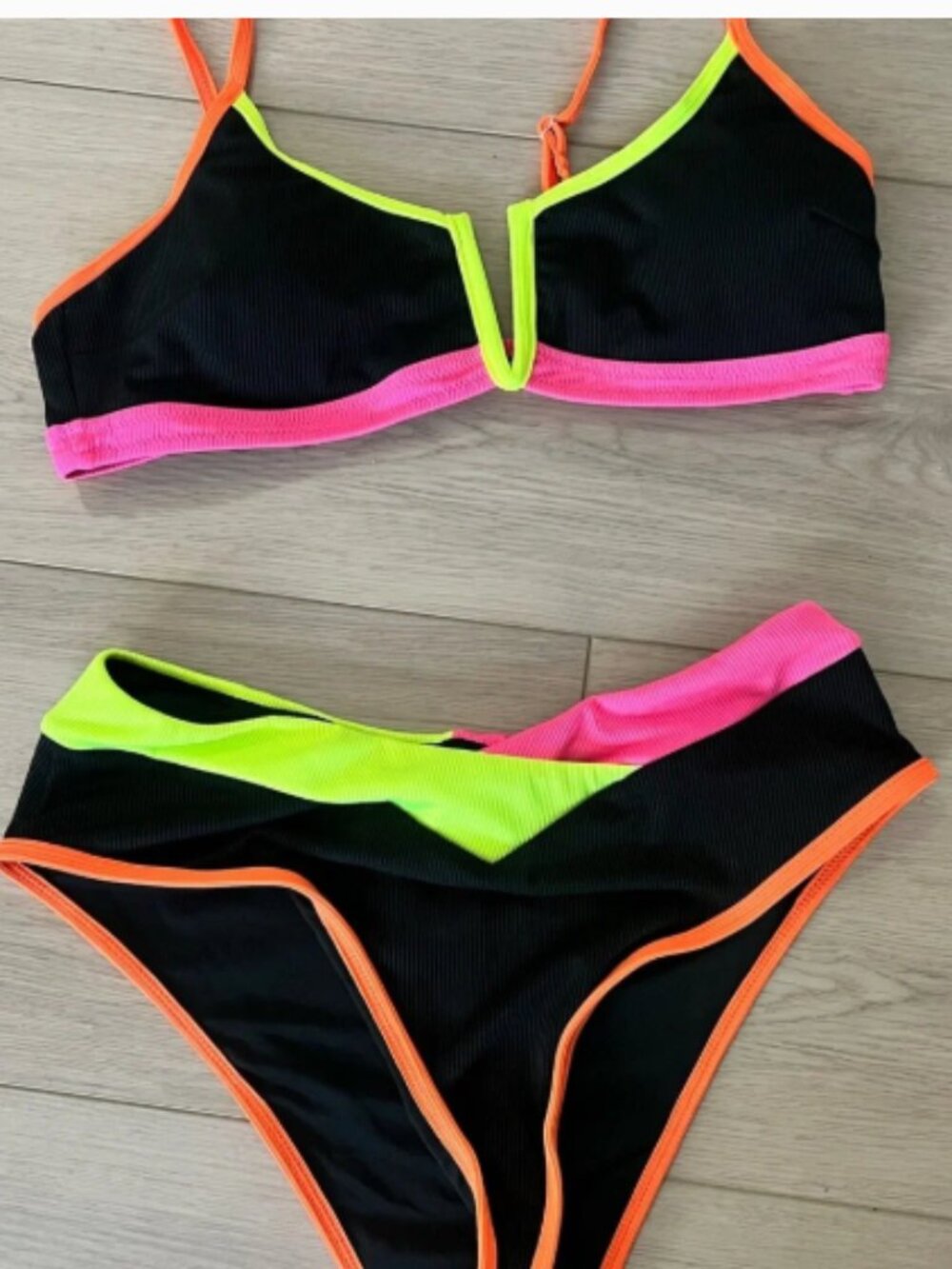 Cupshe Black Bikini with Neon Pink, Neon Yellow & Orange Trim